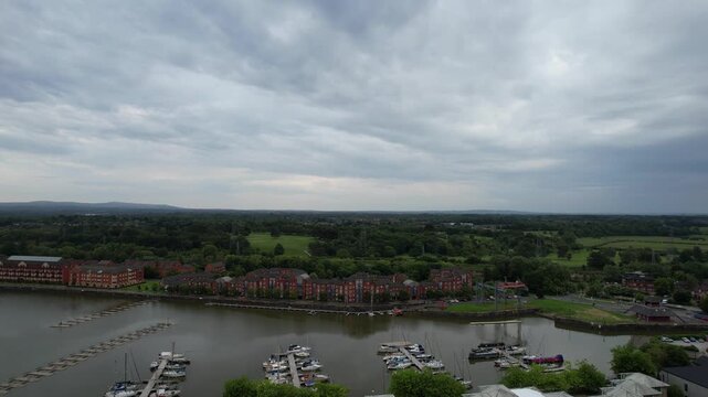 Aerial View of Preston City Docks and Port of Lancashire, Northern England, United Kingdom. Drone's Camera From Medium High Altitude on June 13th, 2025.