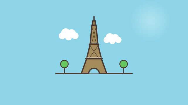 Eiffel Tower Paris France Minimalist Flat Design Animation For Travel Branding And Vacation Promotion Tourism Concept In Blue Sky Background