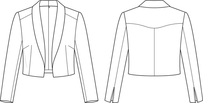 Cropped Open Front Jacket Shawl Collar Fashion Flat Sketch