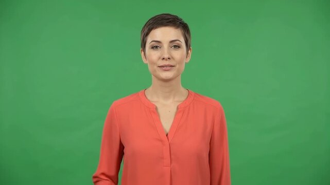 Surprised woman covering mouth on green screen background