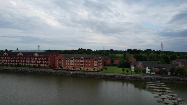Aerial View of Preston City Docks and Port of Lancashire, Northern England, United Kingdom. Drone's Camera From Medium High Altitude on June 13th, 2025.
