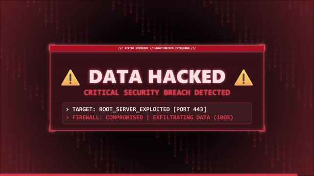 Data Hacked Cyber Security Breach Warning Alert Screen Motion Loop