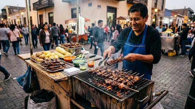 Street Food Cart Serving Anticuchos de Corazon Beef Heart Skewers