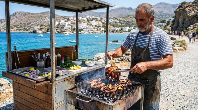 Vendor Grilling Pulpo a las Brasas Octopus at Coastal Food Cart