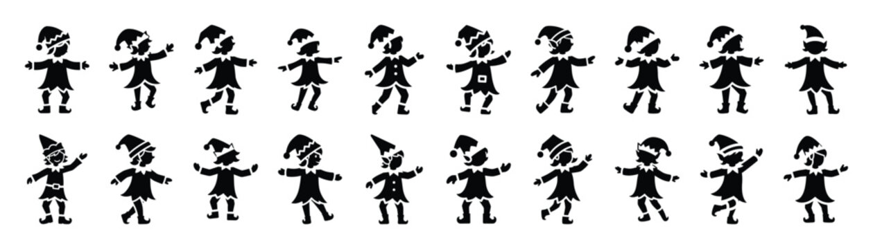 elf dancing silhouette simple Christmas icon set, flat black color and pure white background
