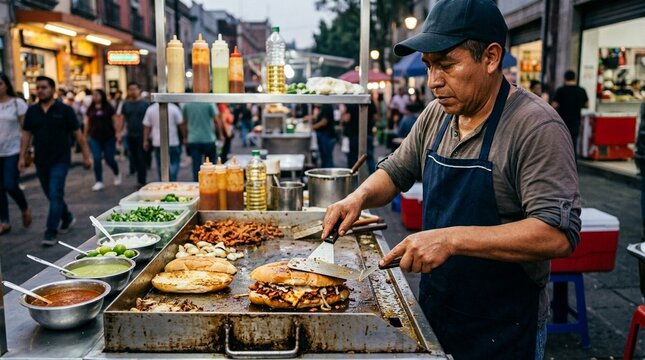 Vendor Grilling Mexican Torta Sandwich on Hot Flat Top Griddle