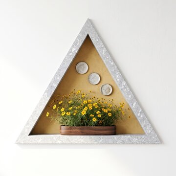 Decorative triangle shelf with yellow flowers and small round mirrors isolated on white background isolated on white background