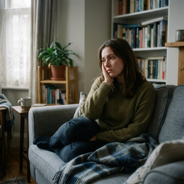 Woman Feeling Lonely And Sad On Sofa In Cozy Living Room