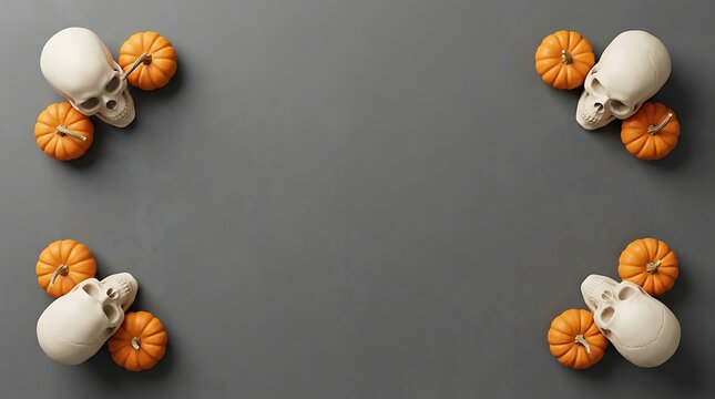 Four corners halloween border with pumpkins and skulls on grey background