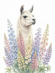 Fototapeta premium White llama portrait surrounded by tall colorful lupine flowers watercolor painting illustration