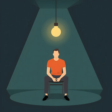 Thoughtful Man Sitting Under a Glowing Light Bulb in a Dark Minimalist Interior