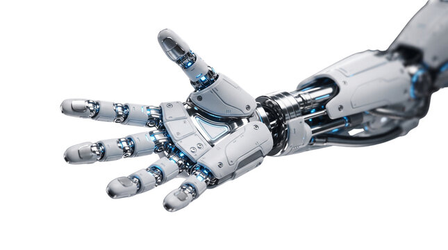 Futuristic robotic hand reaching out, white cyborg arm with mechanical joints, advanced humanoid prosthetic limb isolated on white background