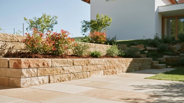 Retaining wall of textured stone borders a landscaped patio and ascending garden, featuring a refined outdoor living space