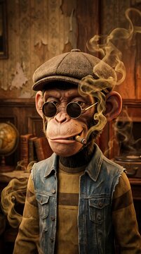 Cartoon monkey dressed as a vintage worker smoking a pipe in a rustic workshop setting with copy space