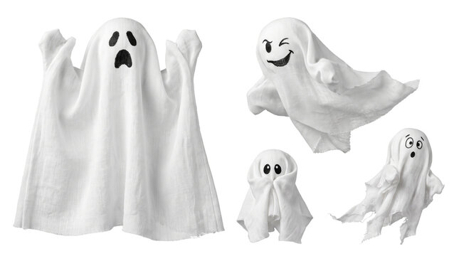 Four White Fabric Ghosts with Different Expressions for Halloween Decorations Isolated on White Background