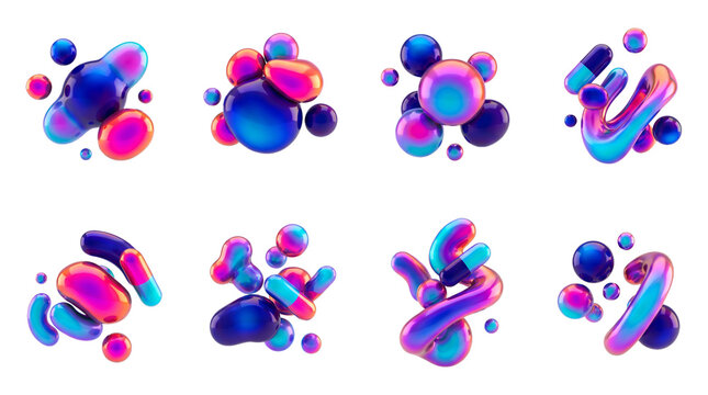 Abstract 3D liquid blobs and capsules in vibrant iridescent colors on white background