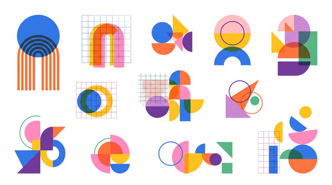 Abstract Geometric Shapes Composition With Grids And Rainbow Arch In Vibrant Colors