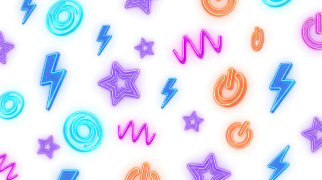 Vibrant Neon Icons Seamless Pattern Featuring Lightning Bolts Stars Power Symbols and Swirls