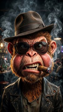 Mature primate in vintage suit and fedora striking confident pose with cigar and goggles for editorial illustration