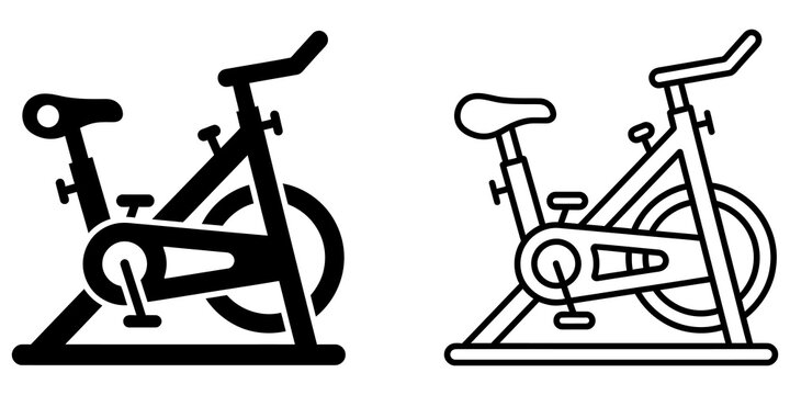 Exercise bike icons black filled and outline design for fitness activity.