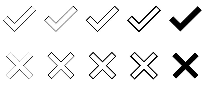 Check Mark and Cross Icon Set Vector Checkmark Tick Wrong Crossmark Line Stroke Weight Collection