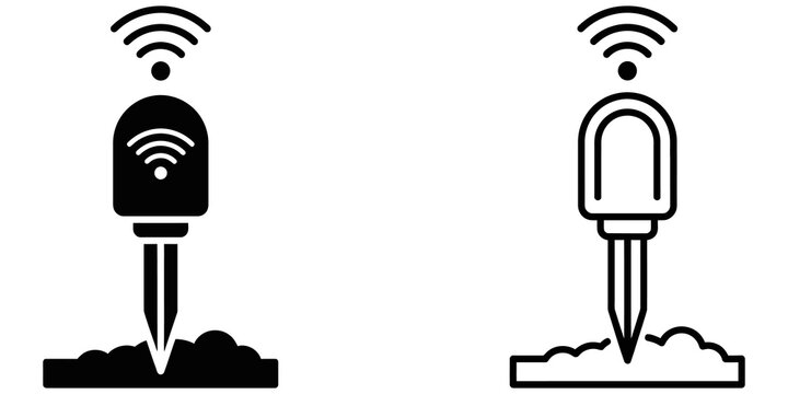 Smart pneumatic jackhammer icon set depicting IoT and sensor system.