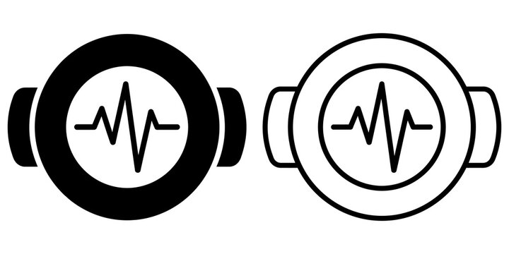 Heartbeat monitor screen display black icons set on clear isolated base.