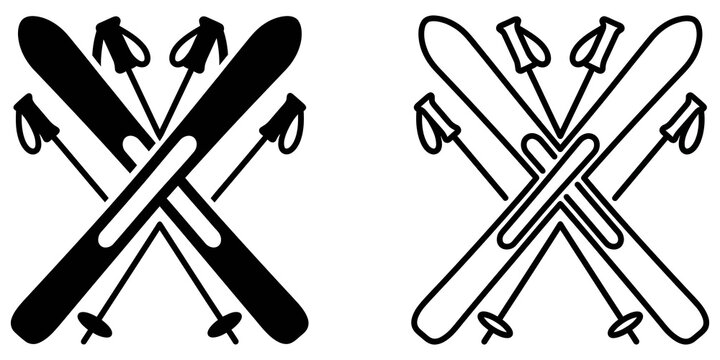 Crossed ski boards and poles linear black vector silhouette symbols.