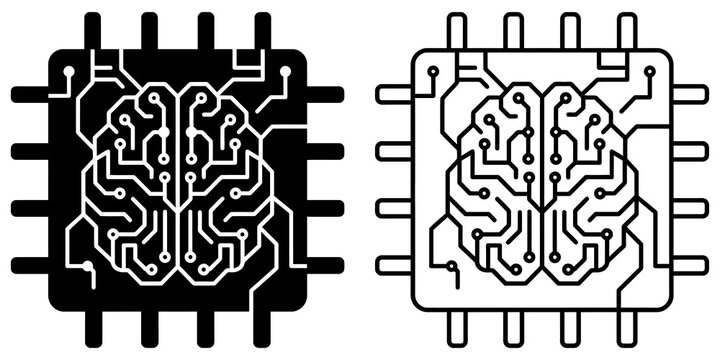Microchip neural network artificial intelligence brain processor icons.