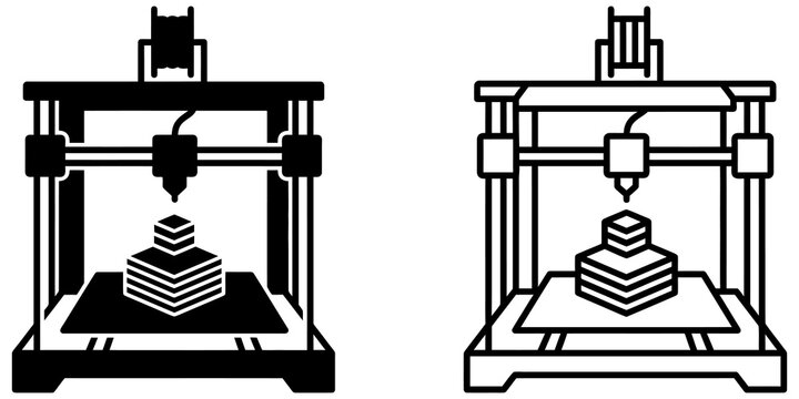 Industrial 3d printer manufacturing process outline and solid icons.