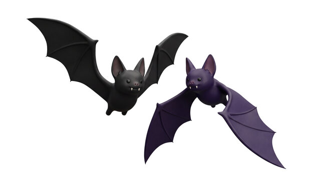 Two cute cartoon bats, one black and one purple, flying with their wings spread wide against a white background