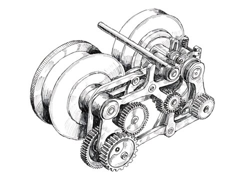 Mechanical differential gear assembly with axles and wheels