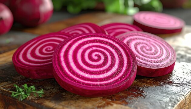 Chioggia beetroot slices showing distinctive spiral patterns 3D Illustration on a rustic vegetable preparation counter
