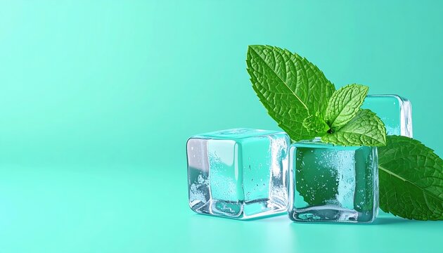 Ice cubes with fresh mint leaves 3D Illustration on a refreshing aqua background