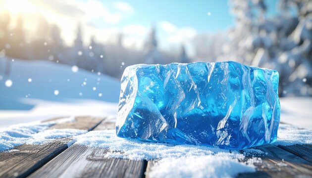 Rough blue ice block resting on a snowy wooden surface in a winter landscape, 3D Illustration.