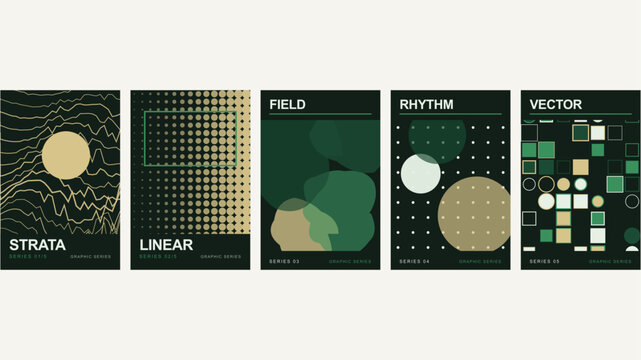 A collection of five posters titled strata, linear, field, rhythm, and with geometric shapes on a dark green background