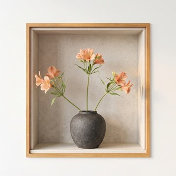 Orange flowers in a dark vase inside a wooden frame box isolated on a white background isolated on white background