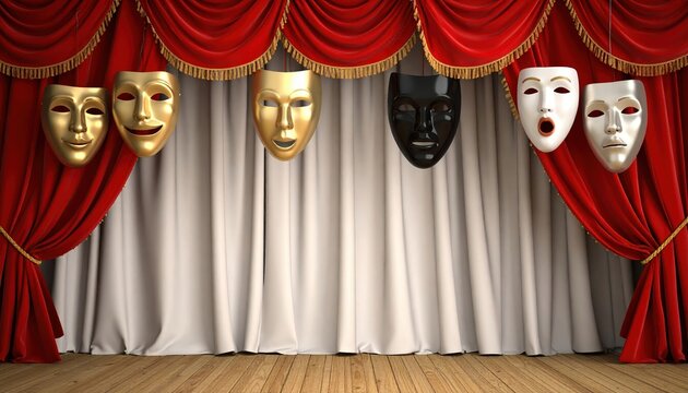 Theater comedy and tragedy masks 3D Illustration hanging above a classic stage