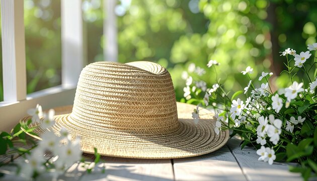 3D Illustration of a natural woven sun hat surrounded by white flowers and greenery on a countryside veranda.