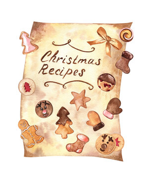 Watercolor illustration of vintage paper with Christmas Recipes text and various festive cookies. Cozy and sweet hand drawn design for winter decorations, art prints, cookbooks, and more