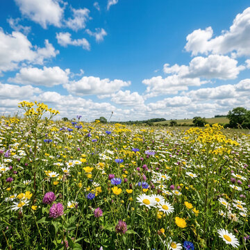 Vibrant Wildflower Meadow Under a Beautiful Blue Sky With Fluffy Clouds