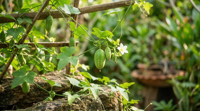 Vine Bearing Green Ivy Gourd Vegetables And Flowers In A Lush Garden