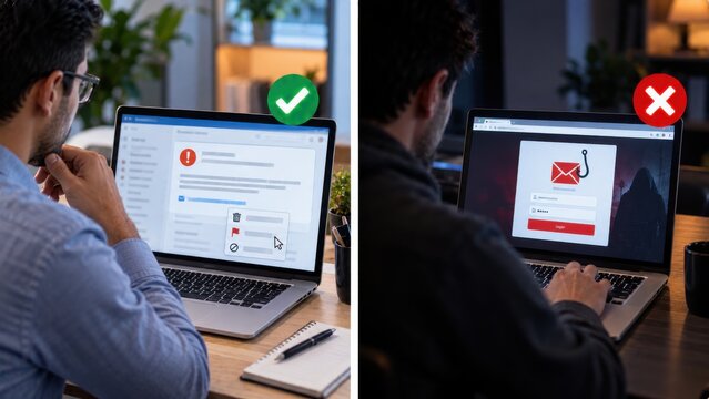 Email phishing awareness comparison shows reporting suspicious messages versus entering data on fake websites.