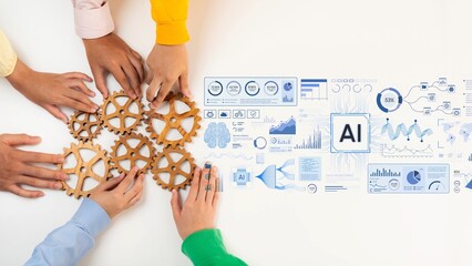 Obraz premium Collaborative Effort in Technology Advancement Featuring Hands and Gears with Artificial Intelligence Graphics and Data Visualizations. Entropy.
