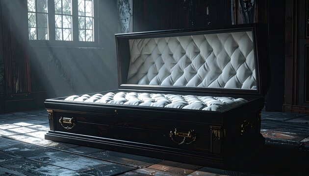3D Illustration of an open dark wooden coffin with a white quilted interior inside an atmospheric gothic room.
