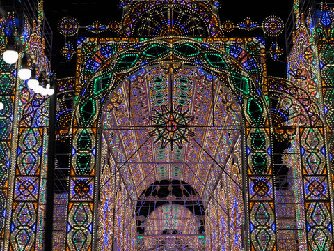 View of an elaborate illuminated archway featuring intricate patterns and vibrant colors at the Seoul Lantern Festival in Seoul, Seoul, South Korea.