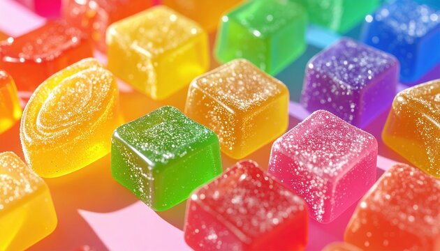 Rainbow colored gummy candies 3D Illustration arranged on a bright candy shop background