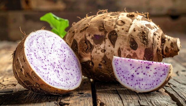 Whole taro root beside a sliced piece showing purple speckles on a rustic farm table, 3D Illustration, earthy textures.