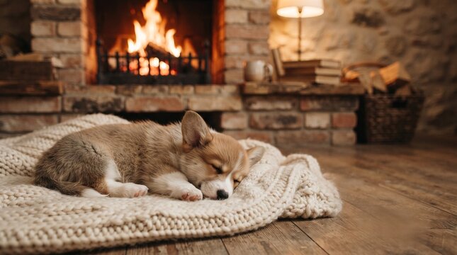 Adorable corgi puppy sleeping peacefully on a cozy knit blanket by a warm fireplace
