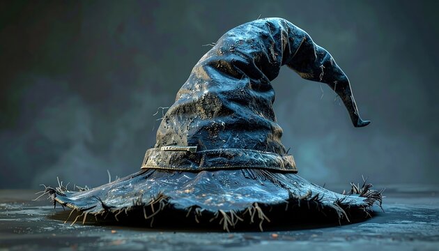 Worn wizard hat with frayed edges 3D Illustration on a mysterious fantasy background